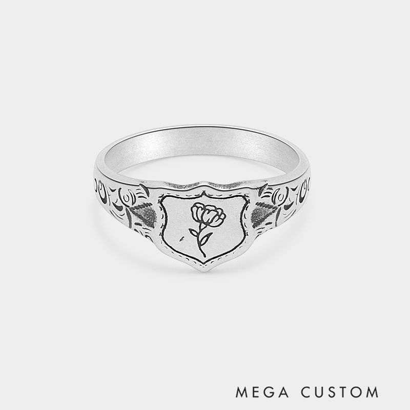 Personalized Sterling Silver Victorian Shield Signet Ring Engravable Birth Flower Unique Sentimental Gift