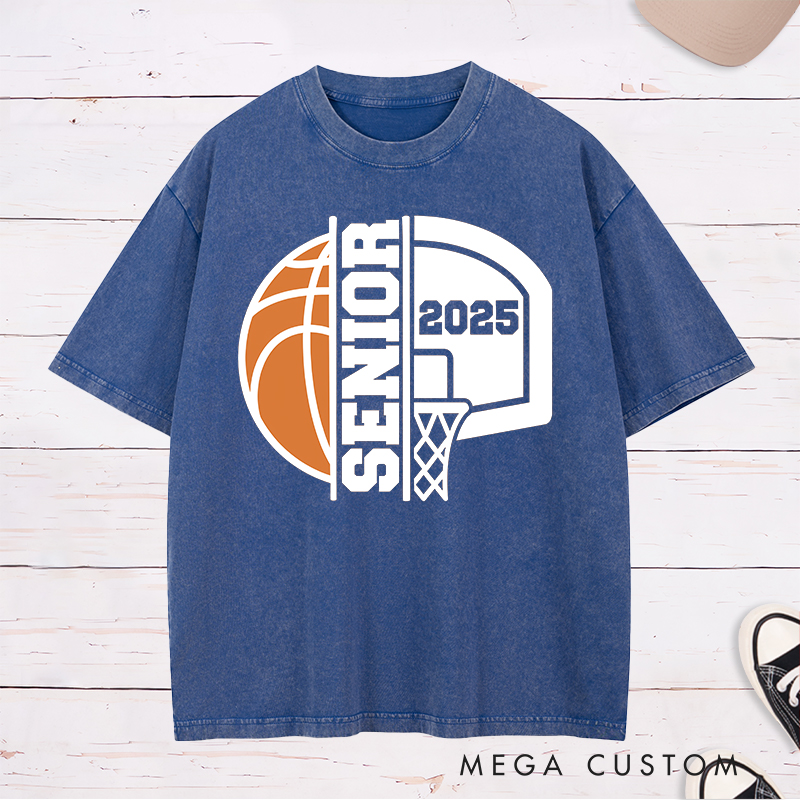 Personalized Washed T-Shirt Design Featuring Bold Basketball Graphics Highlighting "Senior" Status and a Customizable Graduation Year