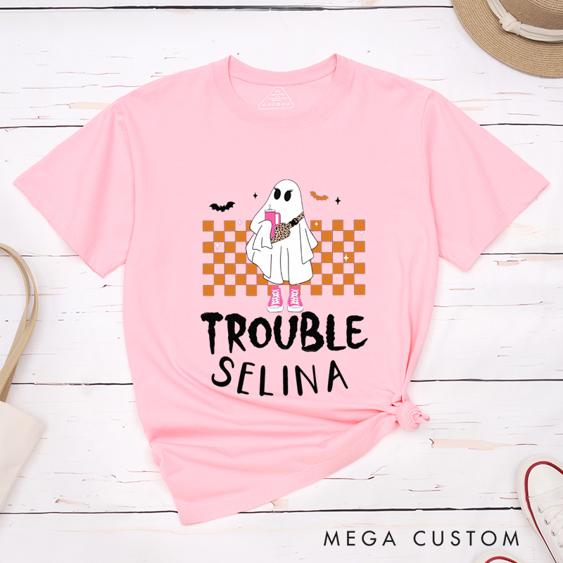 Personalized Where I Go Trouble Follows Halloween Funny Couple Matching T-Shirt Ghost Couple Halloween Shirt