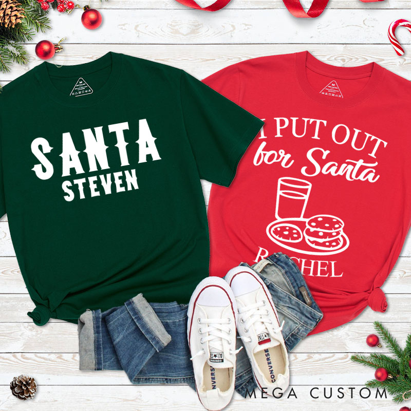 Personalized Couple Playful Santa and I Put Out for Santa Christmas Matching T-Shirt Couple Xmas T-Shirt for Husband Wife Boyfriend Girlfriend Tee Top