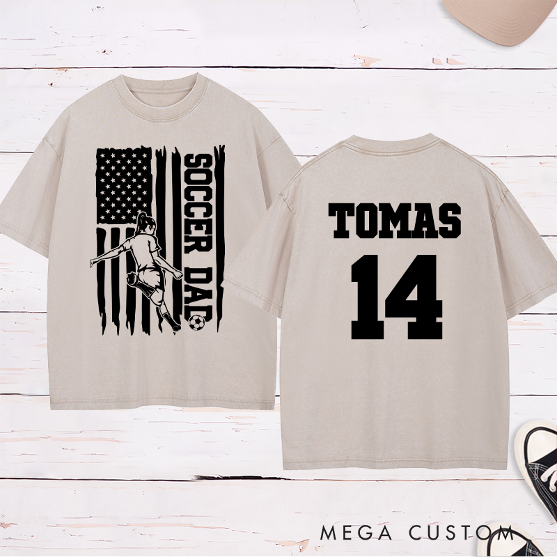 Personalized Soccer Dad Washed T-Shirt with Patriotic Flag Design and Custom Name