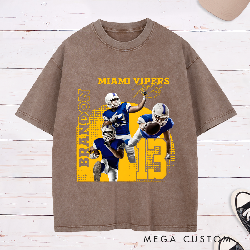 Personalized Washed American Football T-Shirt with Custom Photo, Name, Team Name, and Number Design