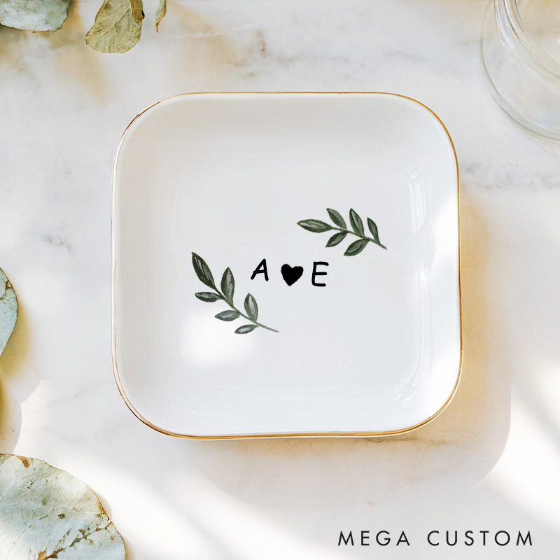 Personalized Simple Watercolor Oliver with Initials and Heart Wedding Engagement Gold-Trimmed Ring Dishes