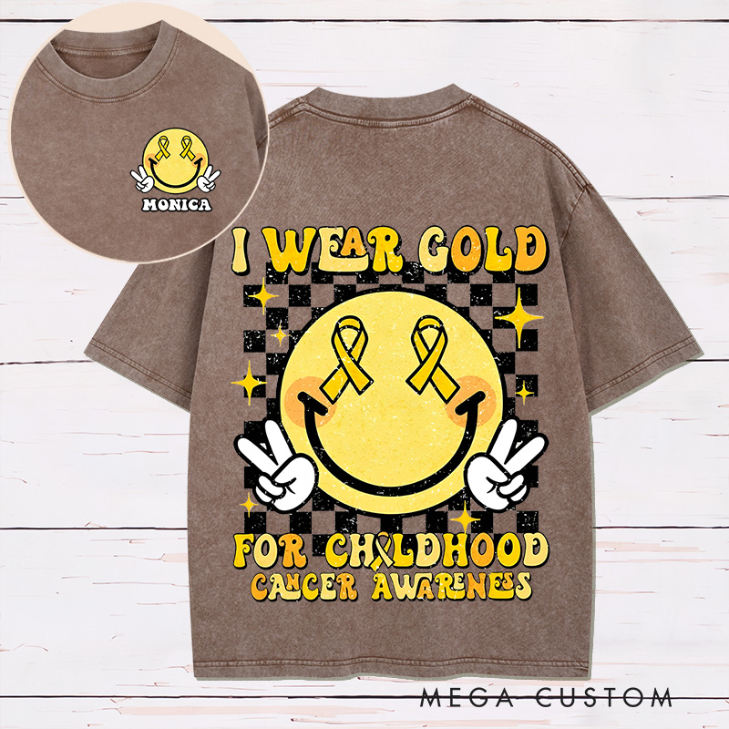 Personalized Two Sides Printed Washed T-Shirt Customized I Wear Gold for Childhood Cancer Awareness Design Washed T-Shirt 