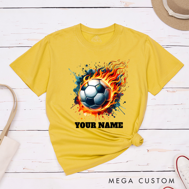Personalized Flaming Soccer Ball T-Shirt with Custom Name  