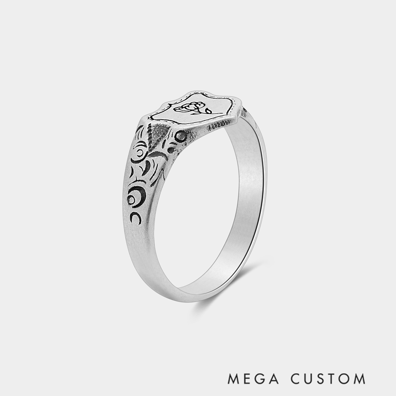Personalized Sterling Silver Victorian Shield Signet Ring Engravable Birth Flower Unique Sentimental Gift