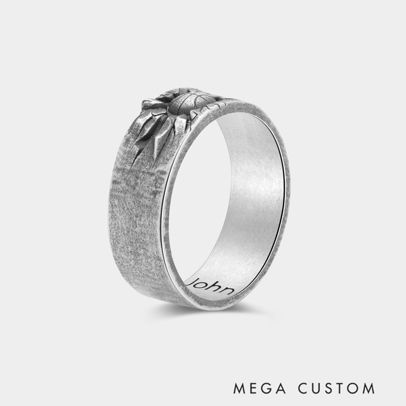 Personalized Basketball Ring Vintage Distressed Silver Engravable Name for Basketball Enthusiasts and Sports Fans