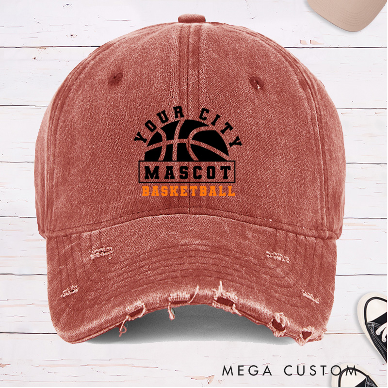 Personalized Distressed Denim Basketball Cap with Custom City Name Team Name and Basketball Graphic Design