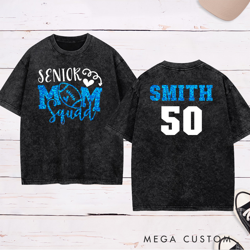 Personalized American Football and Rugby Glitter Senior Washed Mom T-Shirts with Custom Name and Number