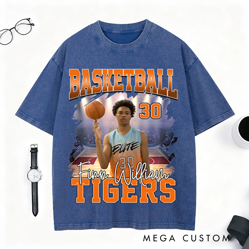 Personalized Basketball Washed T-Shirt Featuring Custom Photo and Team Design