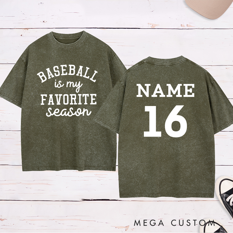 Personalized Baseball Season Washed T-Shirt with Custom Name and Number