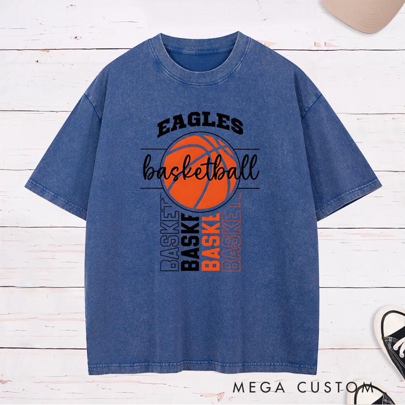 Personalized Washed T-Shirt Design Featuring Bold Basketball Graphics and Customizable Team Name