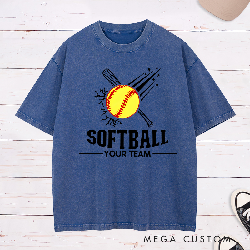 Personalized Softball Team Washed T-Shirt Design Featuring Customizable Team Name Explosive Softball Graphic with Bat and Shooting Star Accents