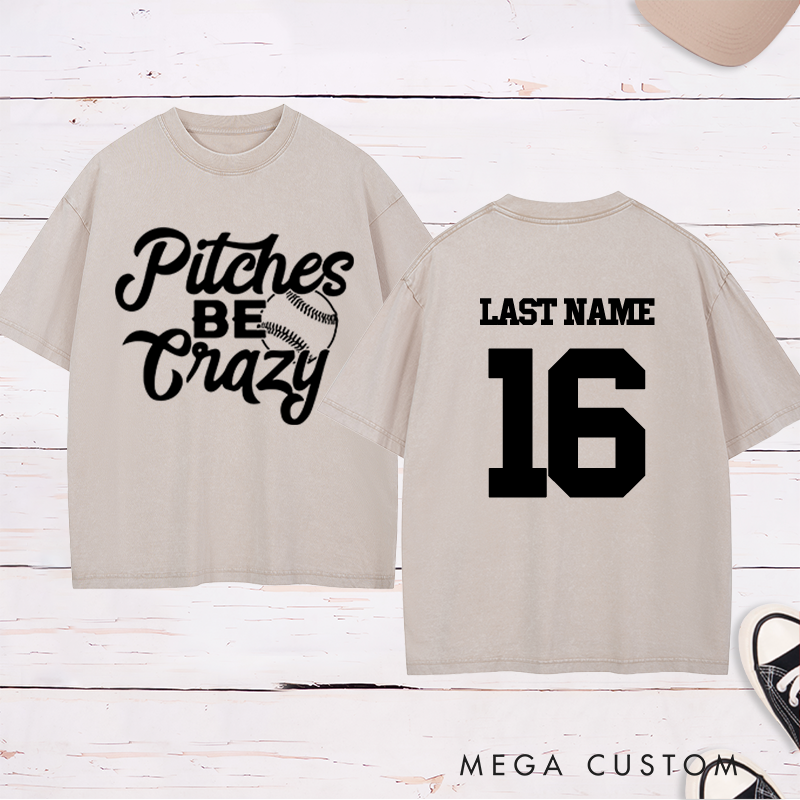 Personalized "Pitches Be Crazy" Baseball Washed T-Shirt with Custom Name and Number