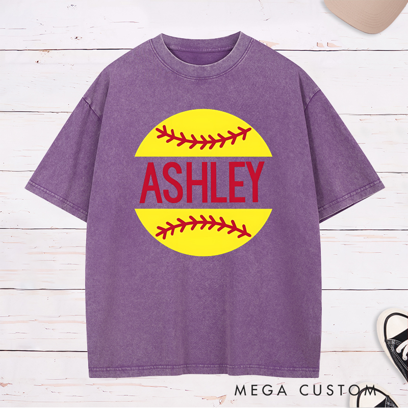 Personalized Softball Washed T-Shirt Design Featuring Custom Name Bold Text and Bright Softball Graphic