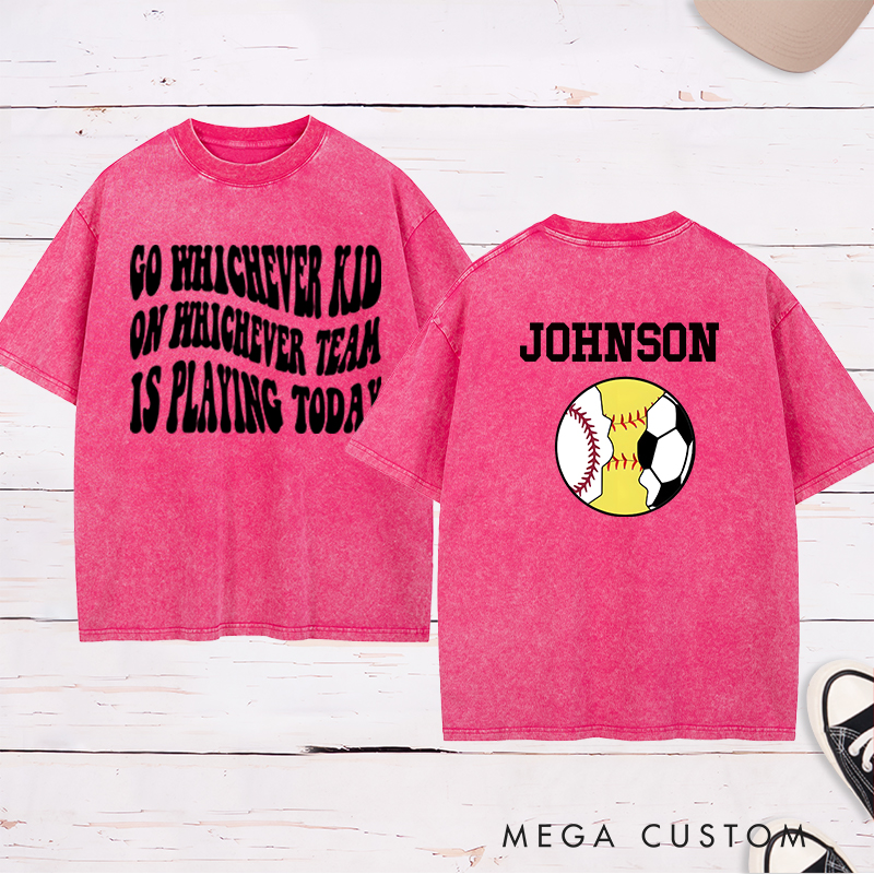 Personalized Sports Washed T-Shirt Featuring Baseball, Soccer, and Softball Graphics with Customizable Back
