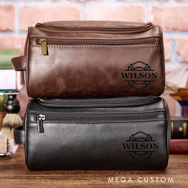 Personalized Firefighter Toiletry Bag Engraved Leather Dopp Kit Gift for Fireman
