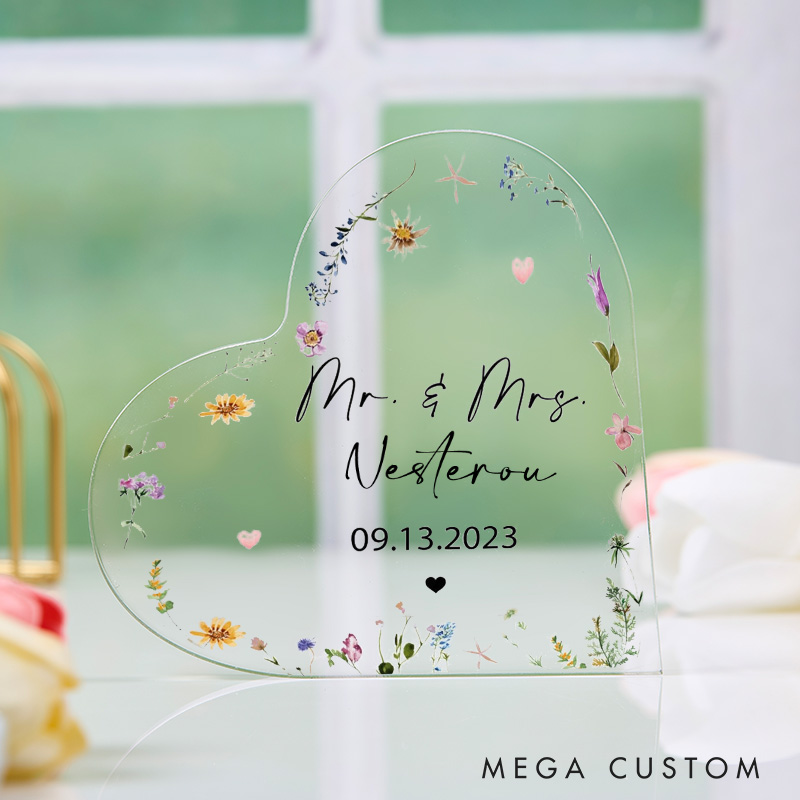 Personalized Mr & Mrs Floral Heart Shaped Acrylic Plaque