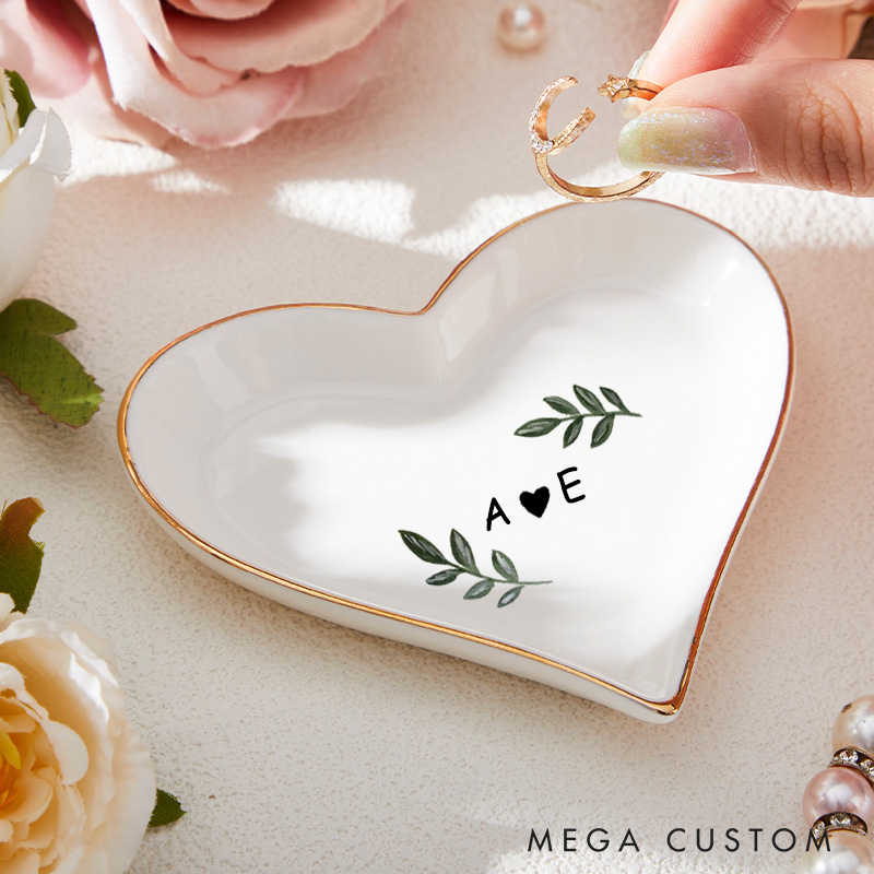 Personalized Simple Watercolor Oliver with Initials and Heart Wedding Engagement Gold-Trimmed Ring Dishes