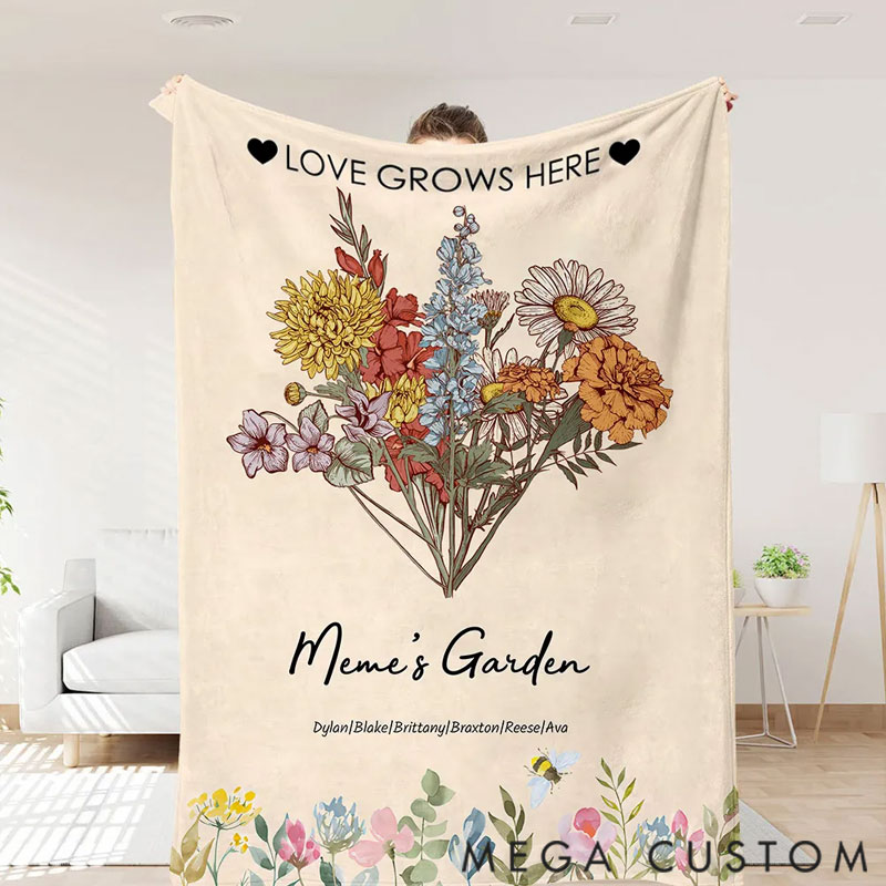Personalized Birth Flower Family Bouquet Customized Blanket