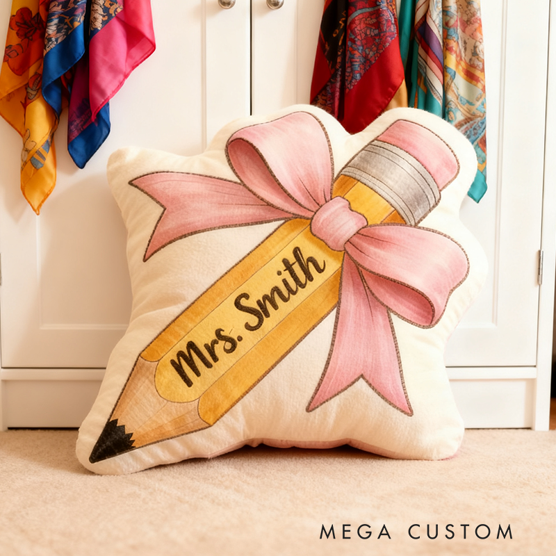 Personalized Bow Pencil Shaped Teacher Pillow Custom Name Cushion Gift for Educators and Teachers