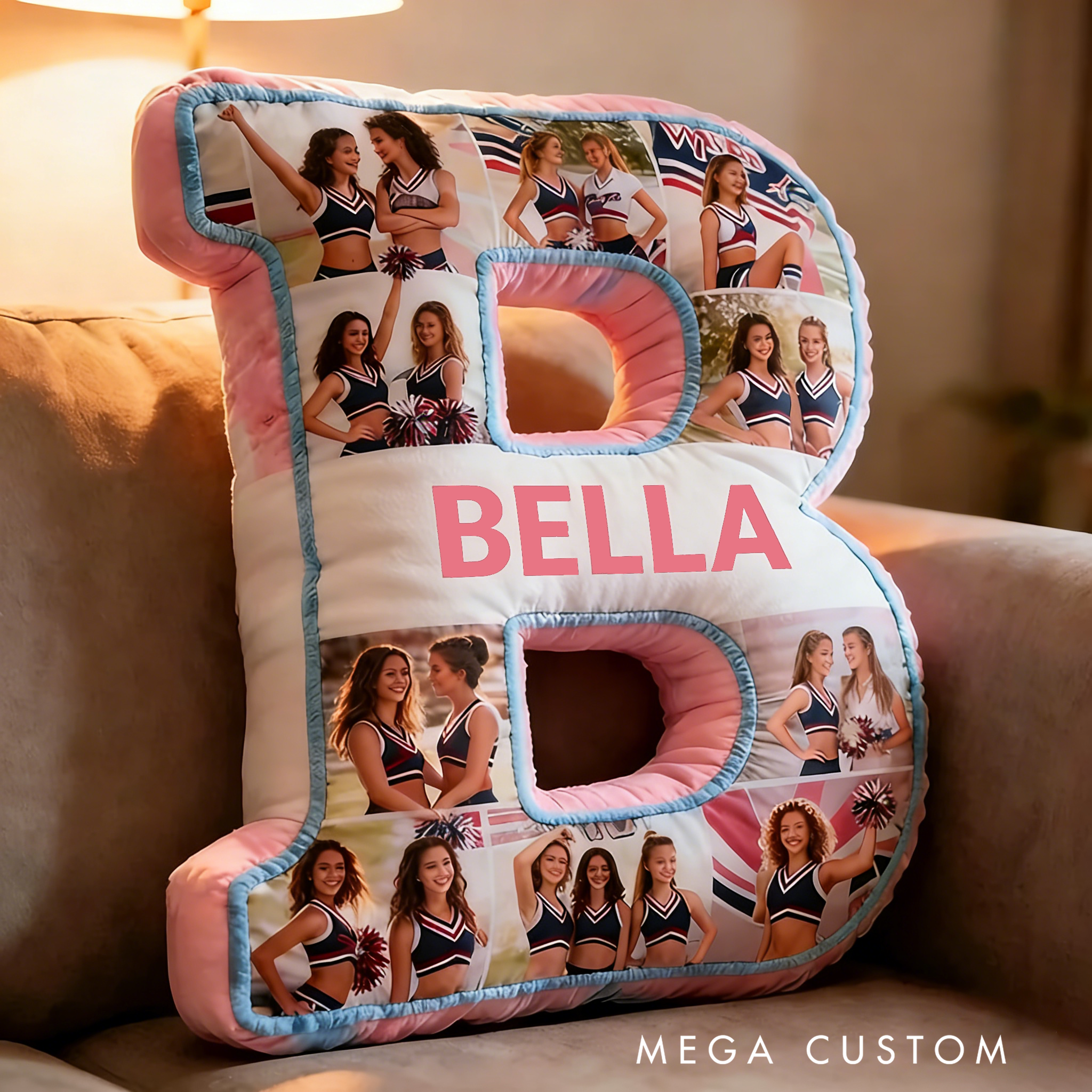Personalized Cheerleader Photo Collage Initial Pillow with Custom Name for Family and Friends