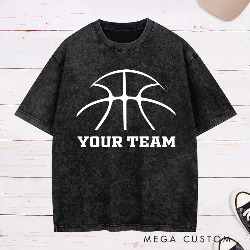 Personalized Washed T-Shirt Design Featuring a Minimalist Basketball Graphic with Customizable Team Name in Bold Text