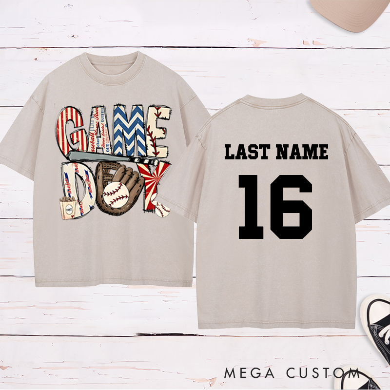 Personalized Patriotic "Game Day" Baseball Washed T-Shirt with Custom Name and Number   
