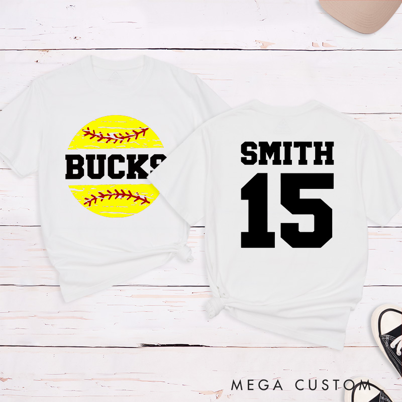 Personalized Softball Team T-Shirt Design Featuring Custom Team Name Player Name and Number with Bright Softball Graphic
