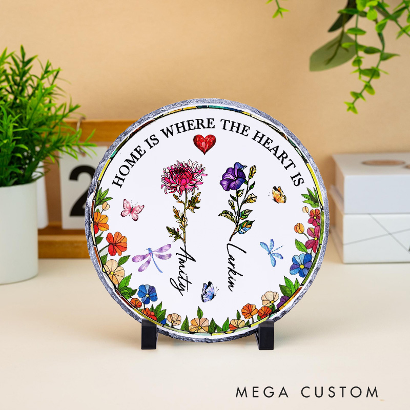 Personalized Home Is Where the Heart Is Decorative Plaque Custom Floral Design with Family Names Tabletop Display Perfect for New Homeowners Housewarming Gift Keepsake