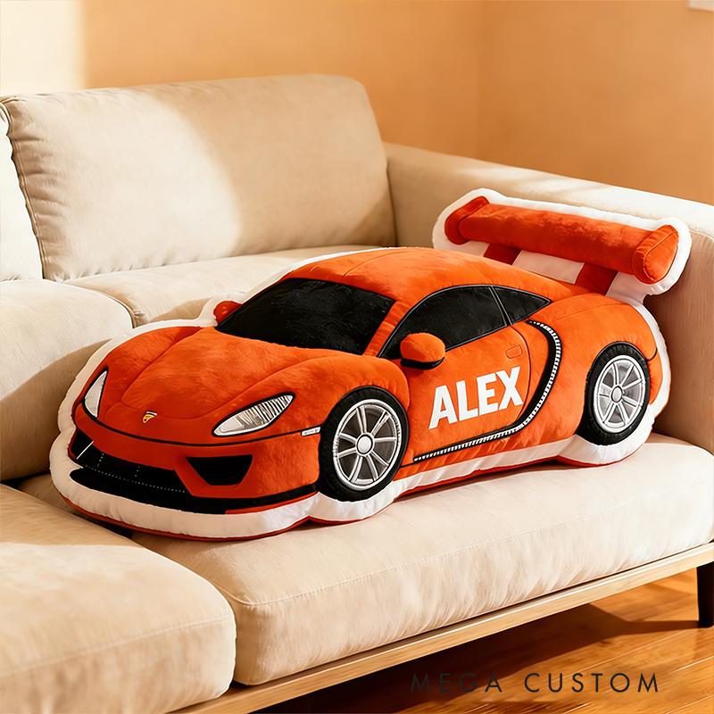 Personalized Race Car Shaped Pillow Custom Name Plush Cushion Choose Car Color 3D Graphic Print Gift for Racing Fans