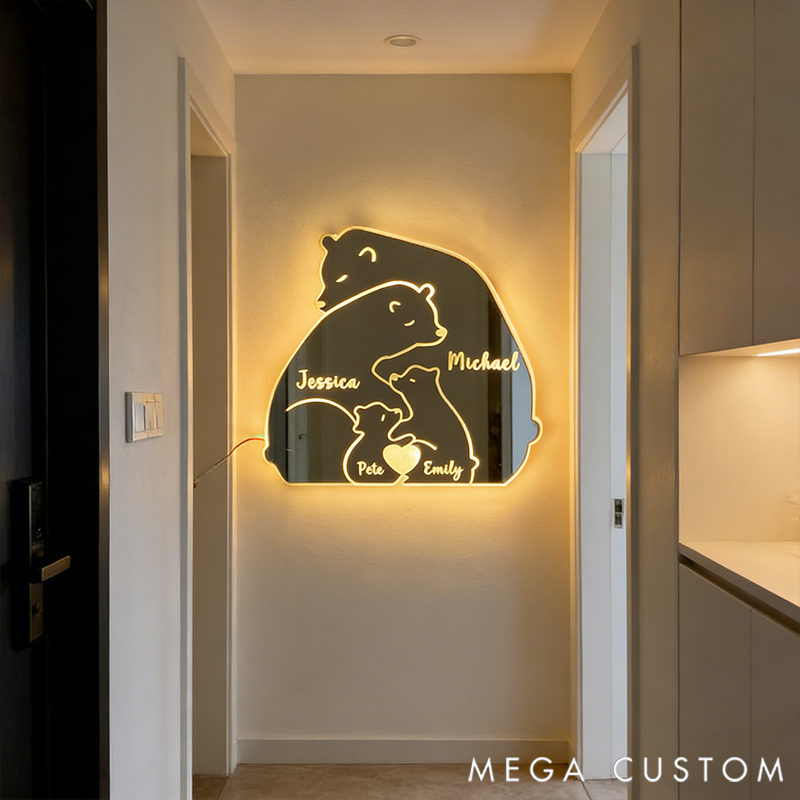 Personalized Heart Name Bear Family LED Mirror Light