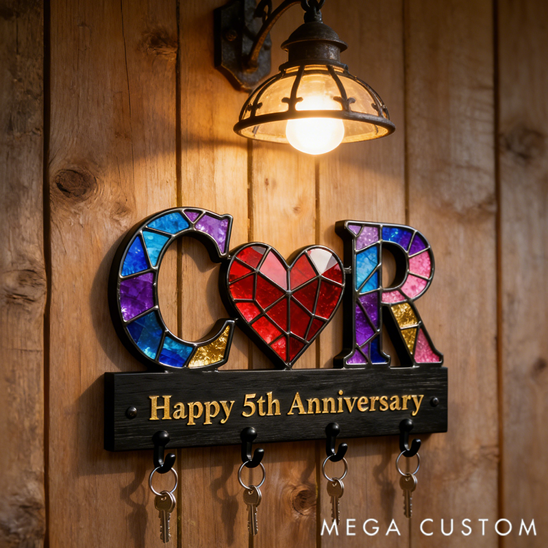 Personalized Key Holder with Initials Heart Couple Anniversary