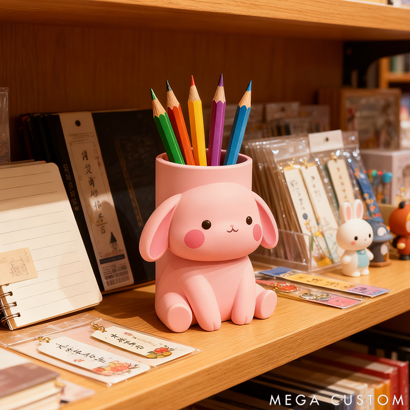 Personalized Pink Bunny Pencil Holder Cute Desktop Decor 3D Printed