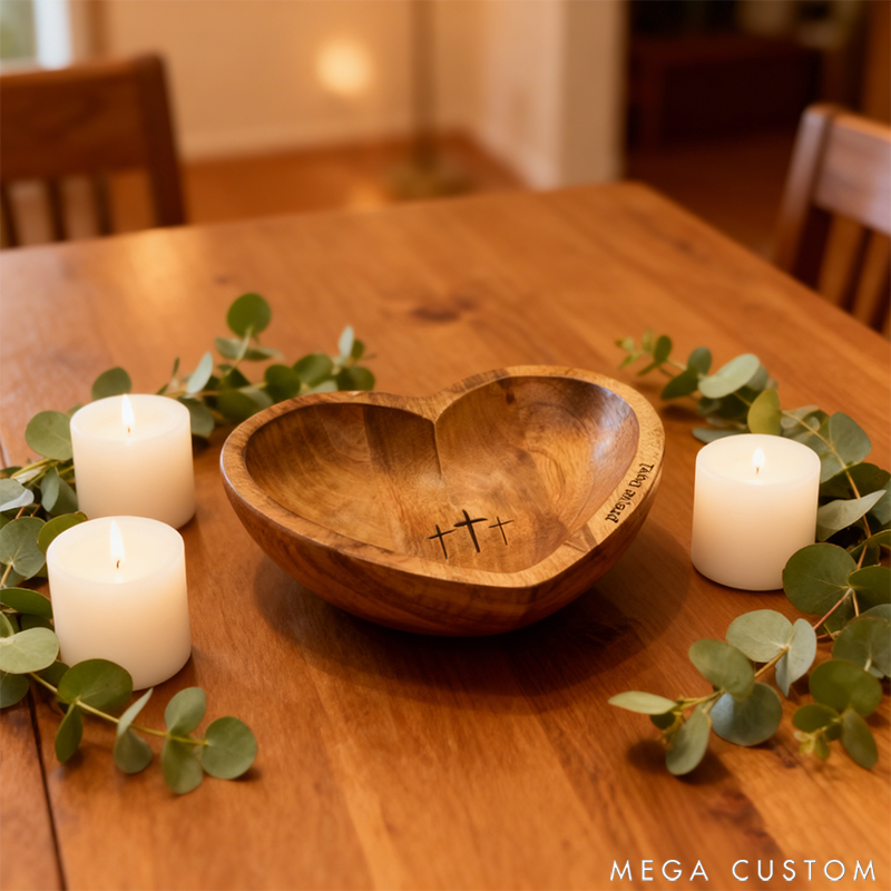 Personalized Wooden Heart-Shaped Prayer Bowl Cross Religious Gift Christian Gift Prayer Bowl