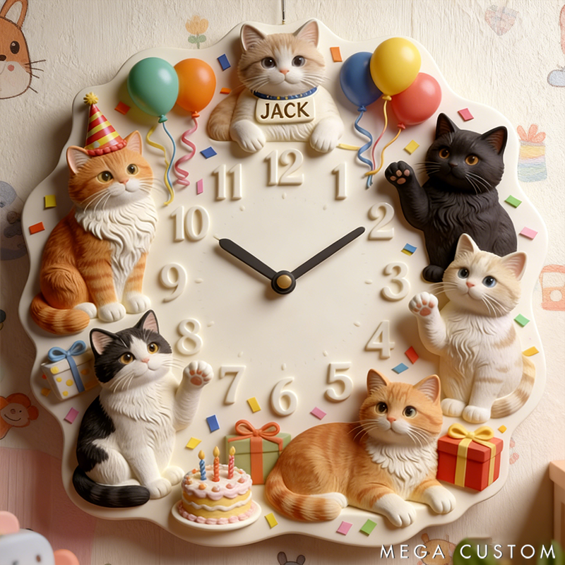 Personalized Pet Cat Party Theme Clock 2D Printed Design