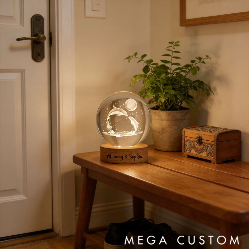 Personalized Dolphin Crystal Ball Night Light LED Wooden Base Table Lamp