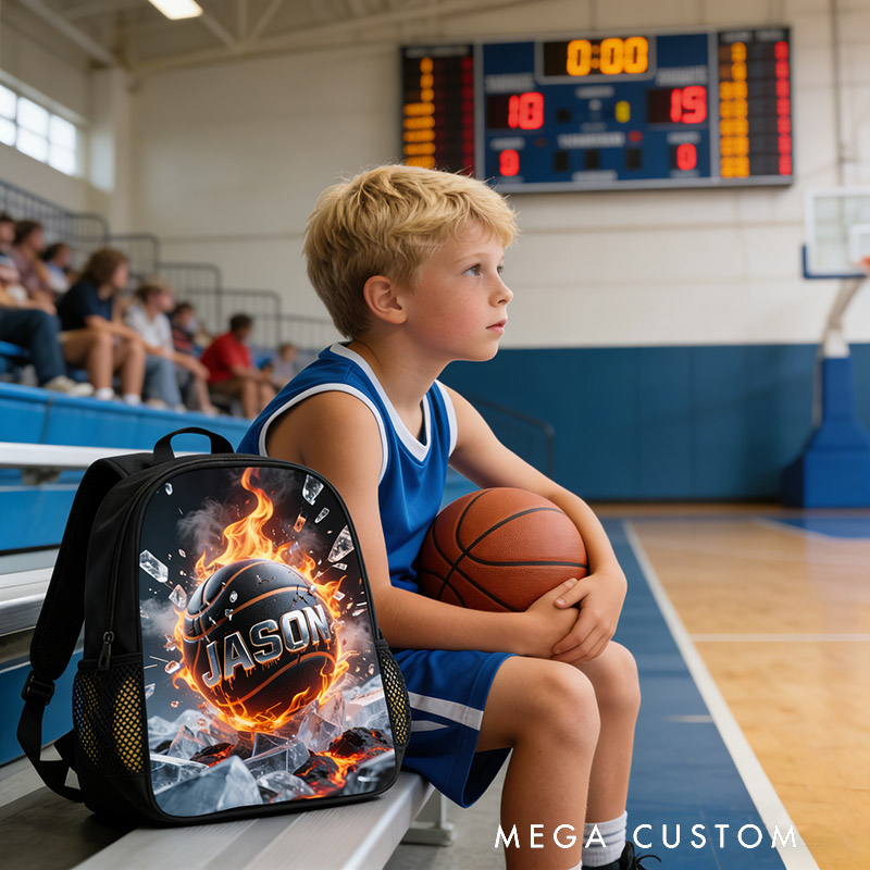 Personalized Basketball Backpack with Fiery Design and Custom Name for Kids and Basketball Lovers Black to School Gift