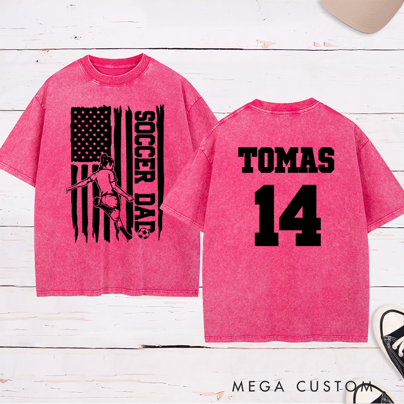 Personalized Soccer Dad Washed T-Shirt with Patriotic Flag Design and Custom Name