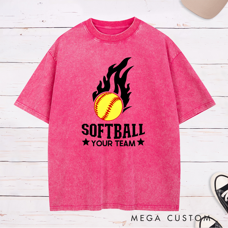 Personalized Softball Team Washed T-Shirt Design Featuring Customizable Team Name Fiery Softball Graphic with Bold Star Accents