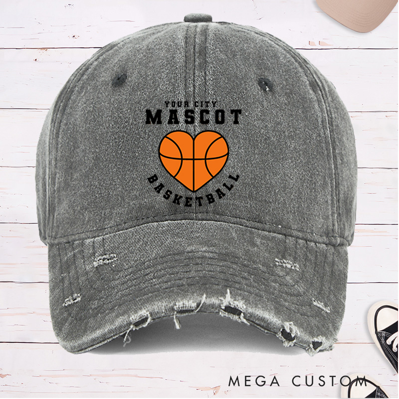 Personalized Distressed Denim Basketball Cap with Custom Team Name Mascot and Heart Basketball Graphic Design