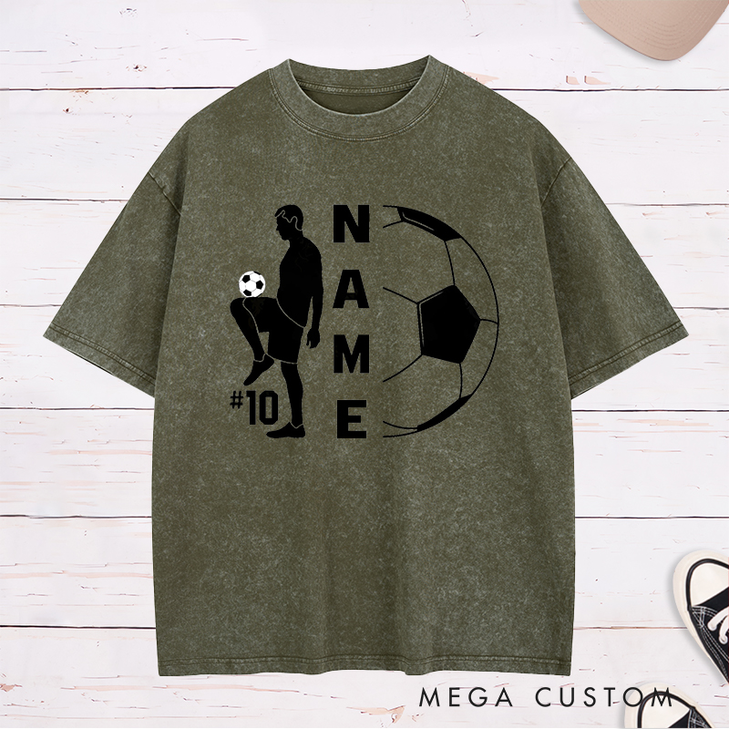 Personalized Soccer Washed T-Shirt with Player Silhouette and Custom Name and Number Design