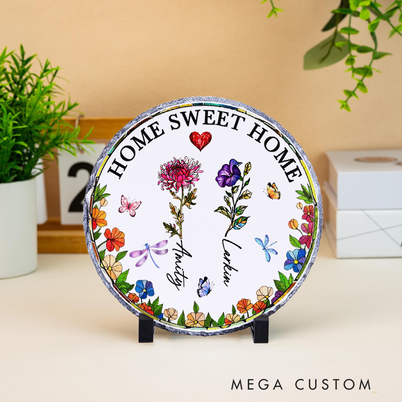Personalized Home Sweet Home Decorative Plaque Custom Floral Design with Family Names Tabletop Display Perfect for New Homeowners Housewarming Gift Keepsake