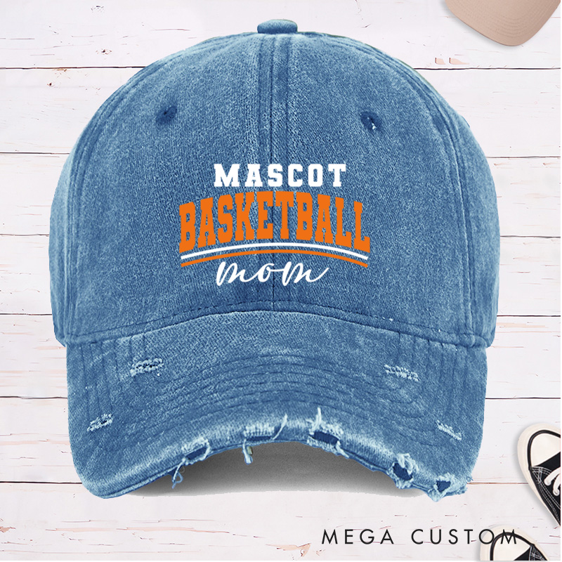 Personalized Distressed Denim Basketball Cap with Custom Mascot Basketball Mom Design