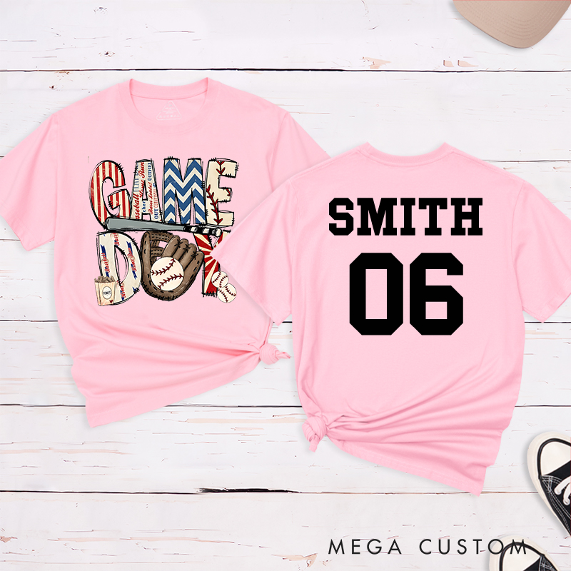 Personalized Patriotic "Game Day" Baseball T-Shirt with Custom Name and Number  