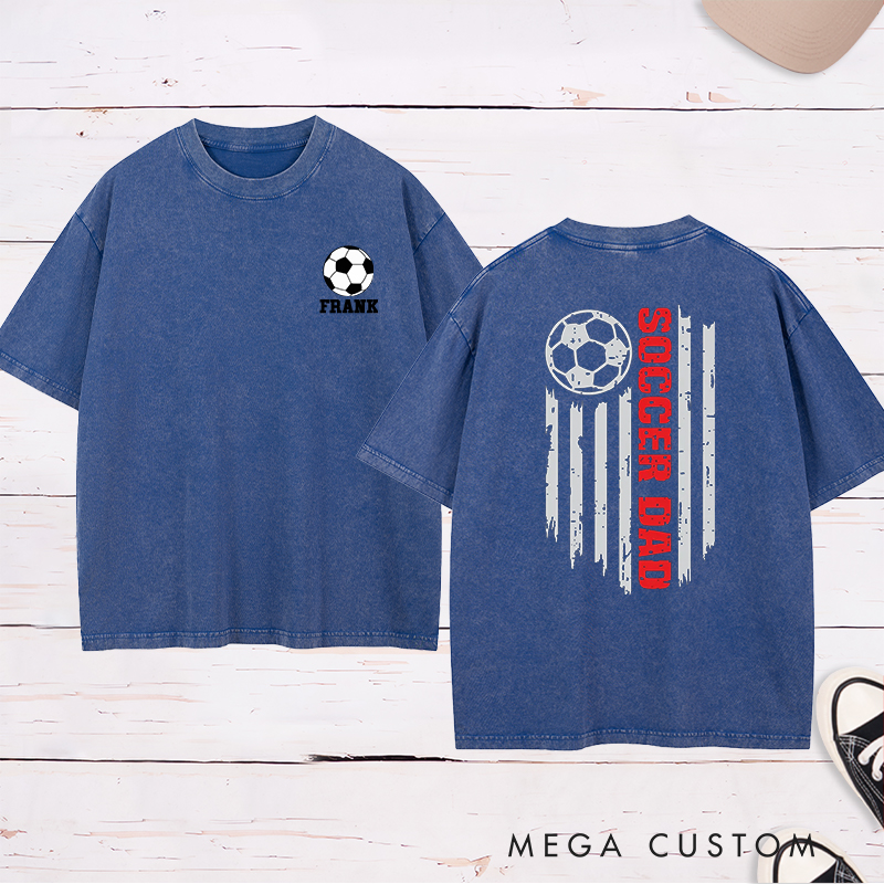 Personalized Patriotic Soccer Dad Washed T-Shirt with Custom Name
