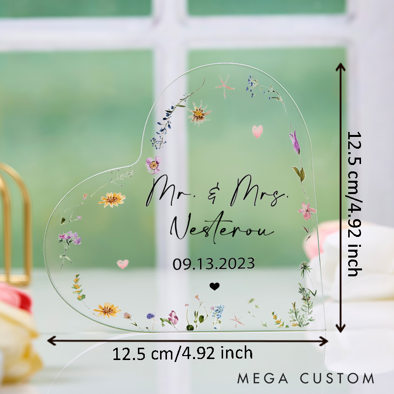Personalized Mr & Mrs Floral Heart Shaped Acrylic Plaque