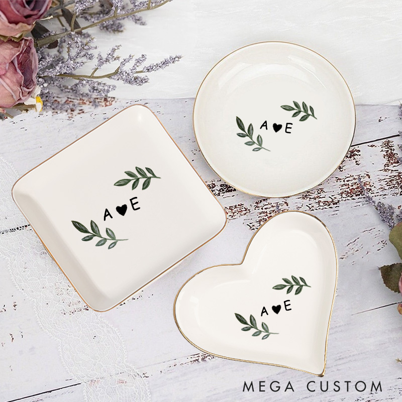 Personalized Simple Watercolor Oliver with Initials and Heart Wedding Engagement Gold-Trimmed Ring Dishes