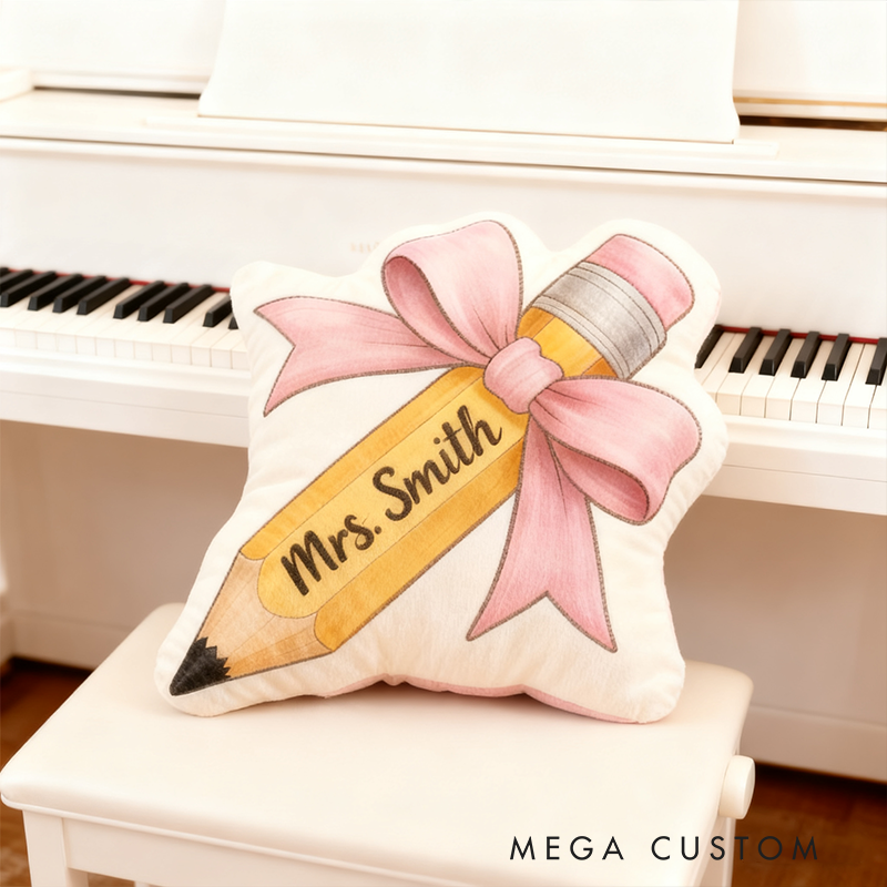 Personalized Bow Pencil Shaped Teacher Pillow Custom Name Cushion Gift for Educators and Teachers