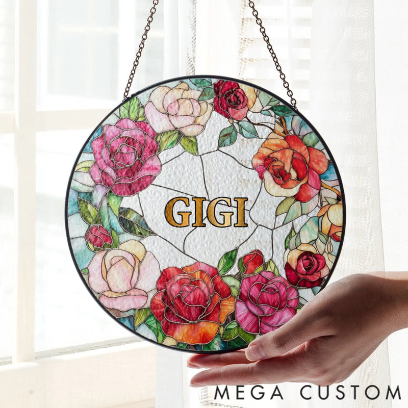 Personalized Floral Glass Suncatcher for Grandma, Mimi Nana Flower Window Hanging, Grandmother Christmas Gift from Grandkids, Birthday Gift